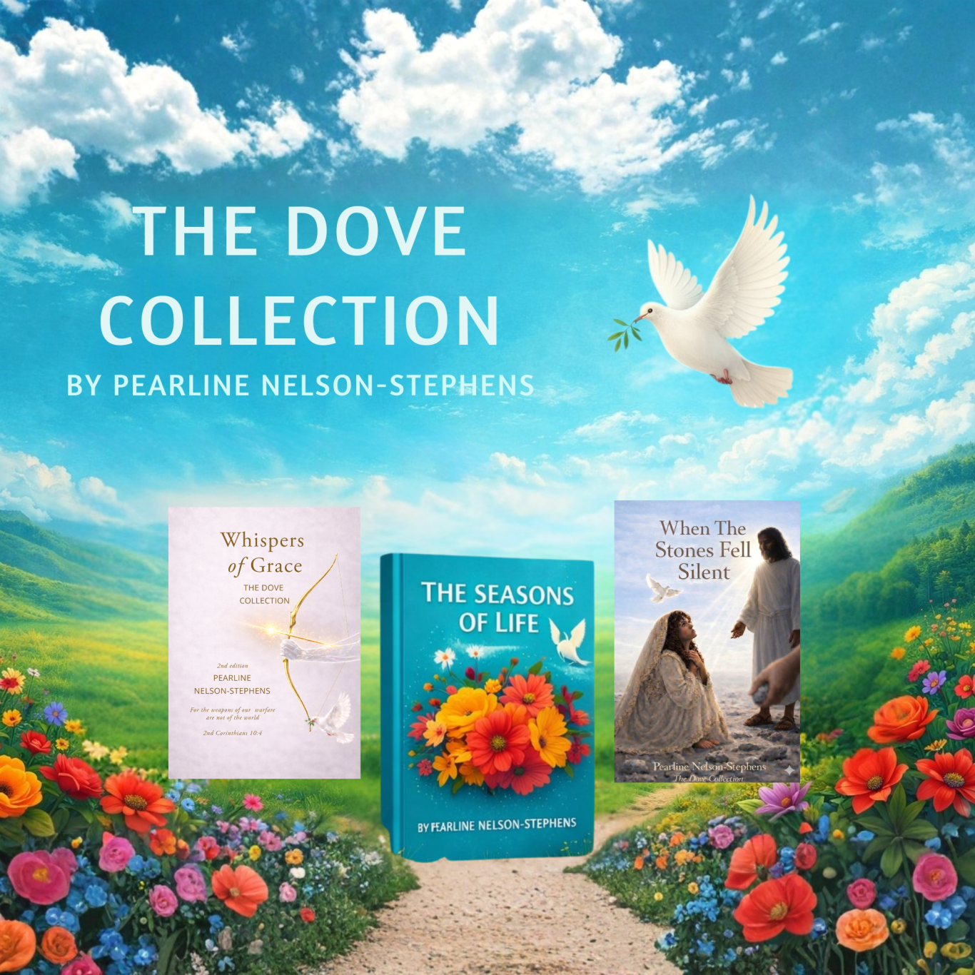 A serene landscape with vibrant flowers and a flying dove above a book titled "The Seasons of Life. The sky says The Dove Collection."