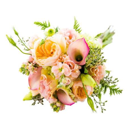 A colourful bouquet of roses, calla lilies, and greenery.